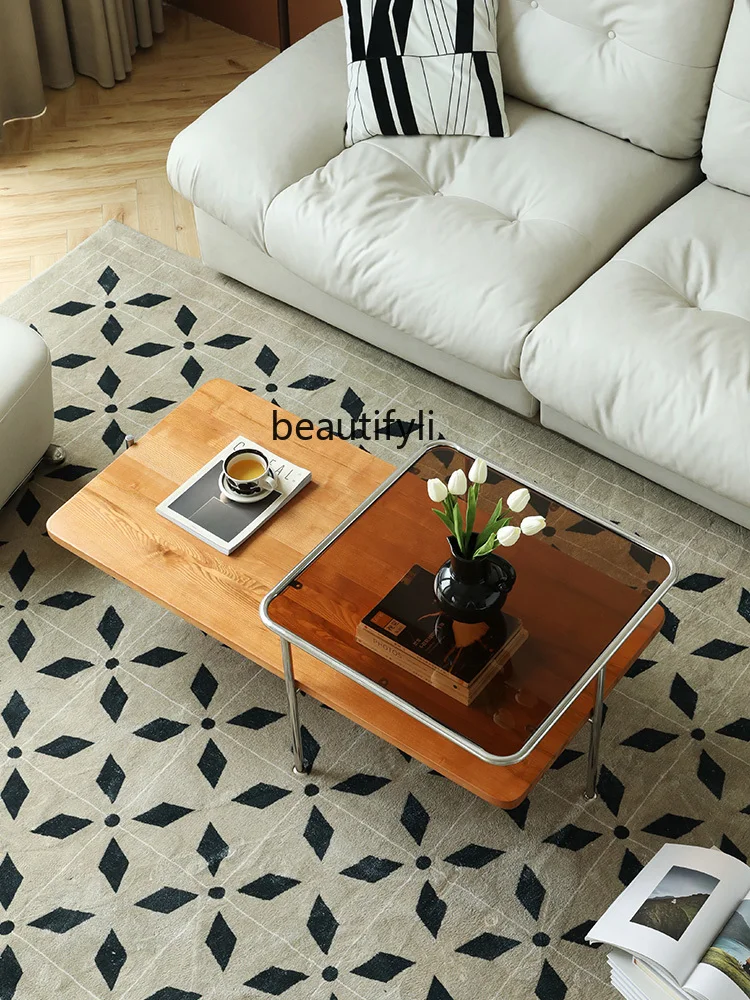 

zq Simple and Modern Coffee Table Living Room Home Small Apartment Solid Wood Tea Table Stainless Steel Glass Small Tea Table