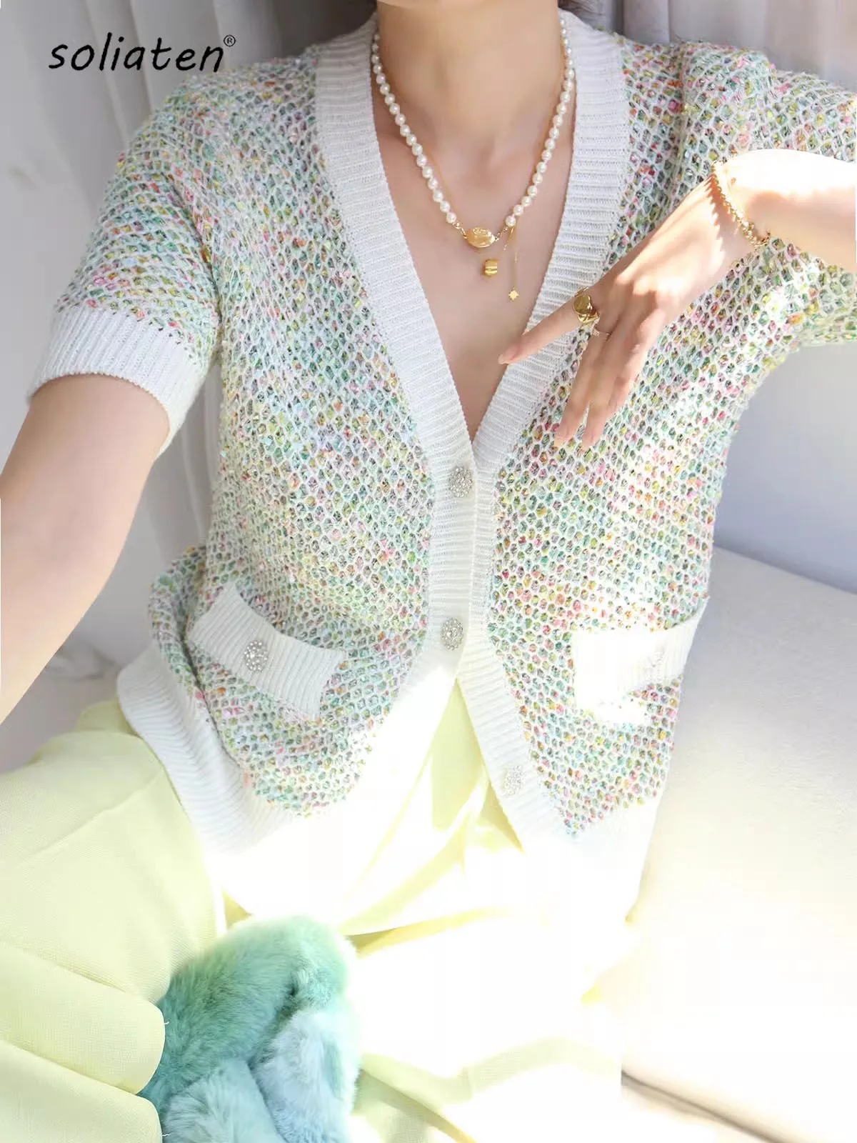 Designers Tops For Women 2024 Summer Rhinestone Button Short Sleeve Cardigan Femme Green Knitted Sweaters C-138