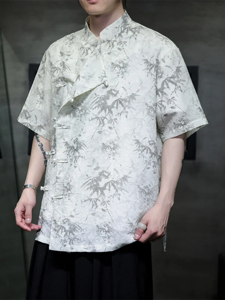 

Новая мужская рубашка в китайском стиле с бамбуковым принтом, из ледяного шелка, с коротким рукавом, на пуговицах, тонкая, летняя, повседневная, модная, свободного кроя