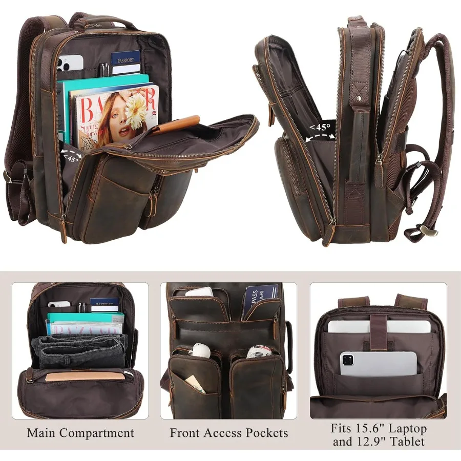 حقيبة ظهر للكمبيوتر المحمول مقاس 15.6 بوصة من الجلد المحبب بالكامل من TIDING للرجال متعددة الجيوب حقيبة ظهر كاجوال للسفر والعمل #3