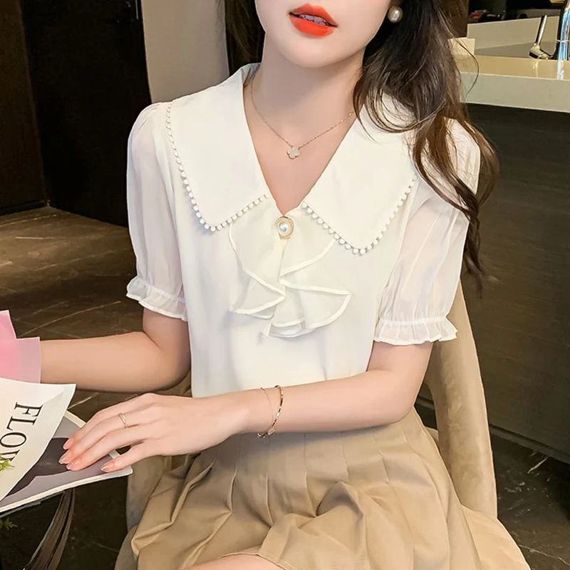 

Sweet Peter Pan Collar Beading Ruffles Puff Sleeve Shirts Female Clothing 2024 Summer Loose Casual Tops Chic Chiffon Blouses