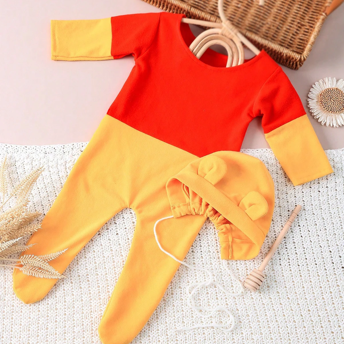 Ylsteed Newborn Boy Photography Props Bear Ears Hat Photo Shooting Outfits Baby Footed Jumpsuit Overalls Infant Picture Props