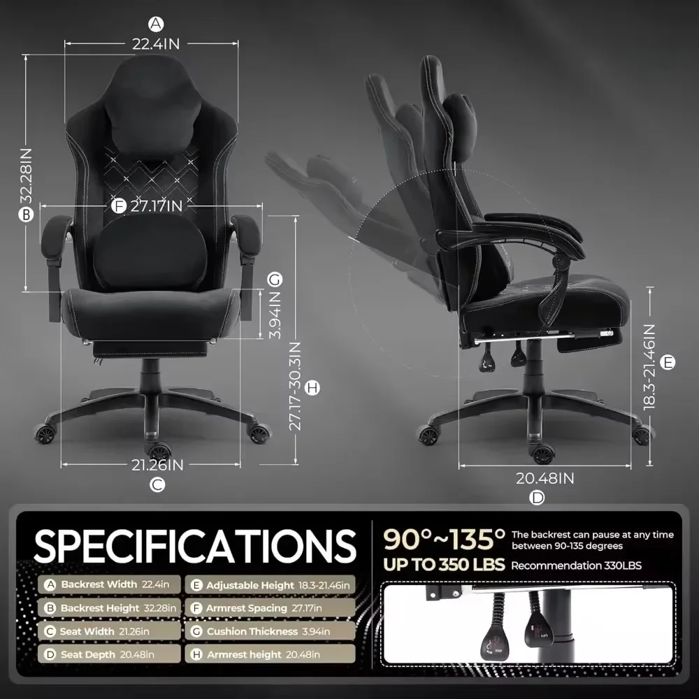 Gaming Chair with Heated Massage Lumbar Support, Footrest and Pocket Spring Cushion, Breathable Fabric Tall Gaming Chair