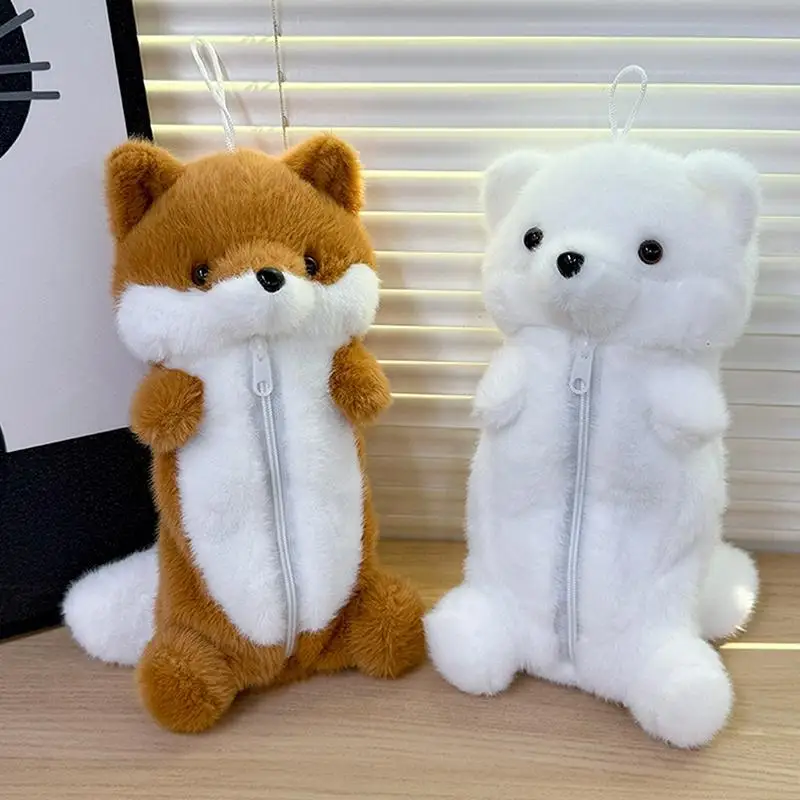 Soft Fluffy Plush Fox Pencil Case With Portable Hanging Ring And Large Capacity For Students School Office Stationery Storage