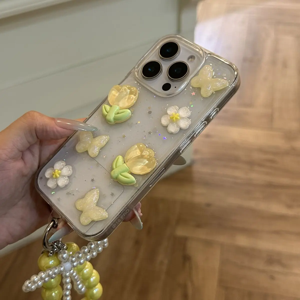 INS ثلاثية الأبعاد زهور التوليب واضح جراب هاتف آيفون 16 16E 15 14 13 12 11 8 7 X XS XR Mini Pro Max Plus غطاء مع حبل مطرز