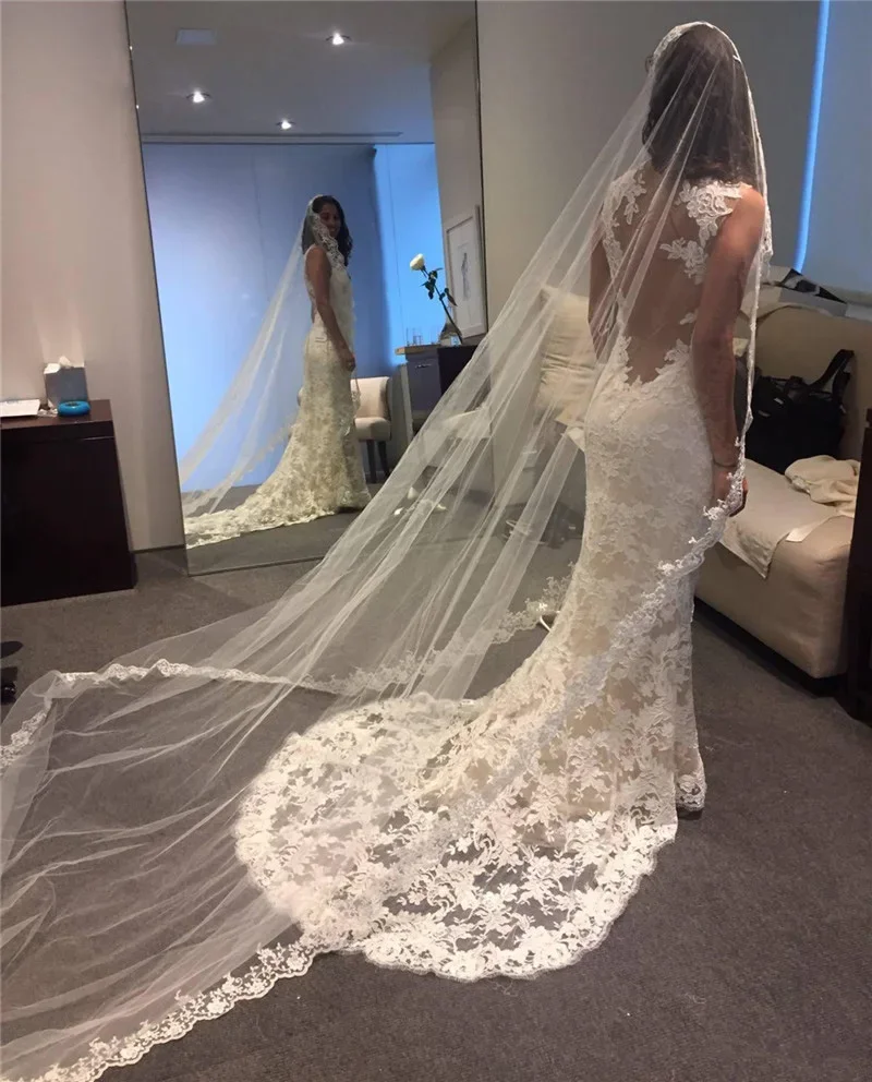 

Elegant Women Cathedral Lace Wedding Veil 300*150 CM Tulle1 Layer Without Comb Bridal Accessories