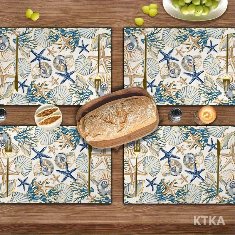 4Pcs, Blue and Gold Shell Starfish Placemats, the Best Placemats, Washable, Suitable for Holiday Parties, Home Decor, Kitchen Countertops, Rectangular Dining Rooms, Make Your Dining Room and Kitchen More Beautiful, Birthday Gifts for Family and Friends, and Housewarming Party Gifts