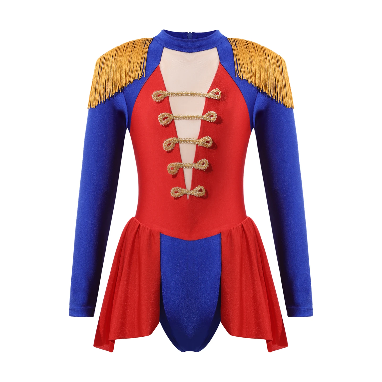 Kids Girls Circus Ringmaster Drum Major Costume Long Sleeve Tassel Epaulet Jumpsuit with Skirt Halloween Cosplay Performance