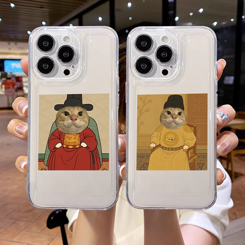 

Fuuny Cartoon Emperor Cat Transparent Phone Case For iPhone 16 15 11 12 14 13 Pro Max Mini X XS XSMax XR 7 8 Plus SE4 16e Covers