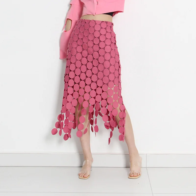 Cut Out Skirt for Women High Waist Patchwork Tassel Irregular Hem Solid Midi Skirts Female Summer Clothing Style Plaid Skirt