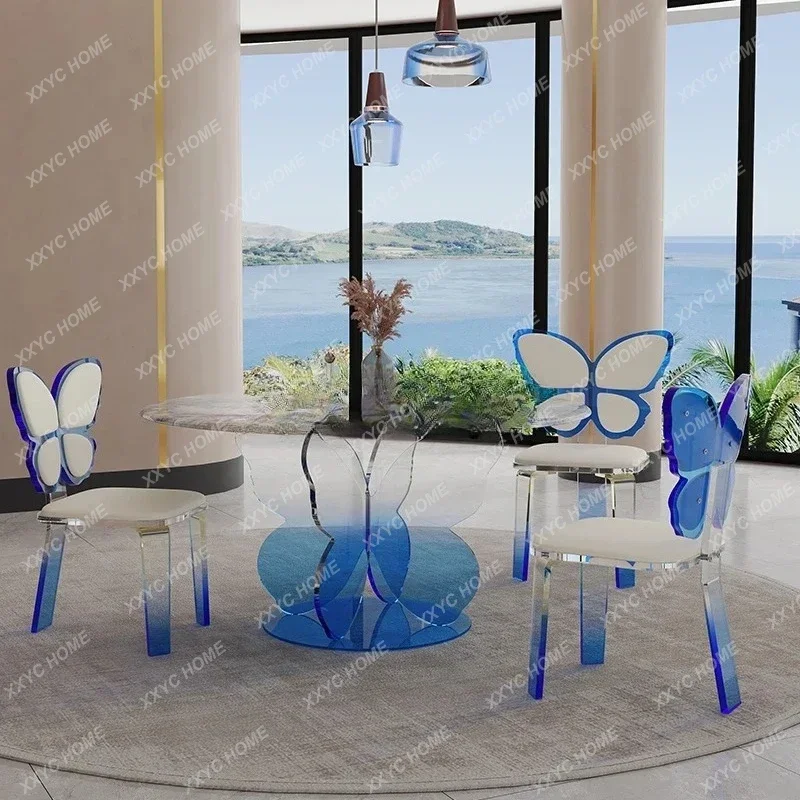 Light luxury simple style acrylic suspended butterfly dining table cream style round dining table and chairs