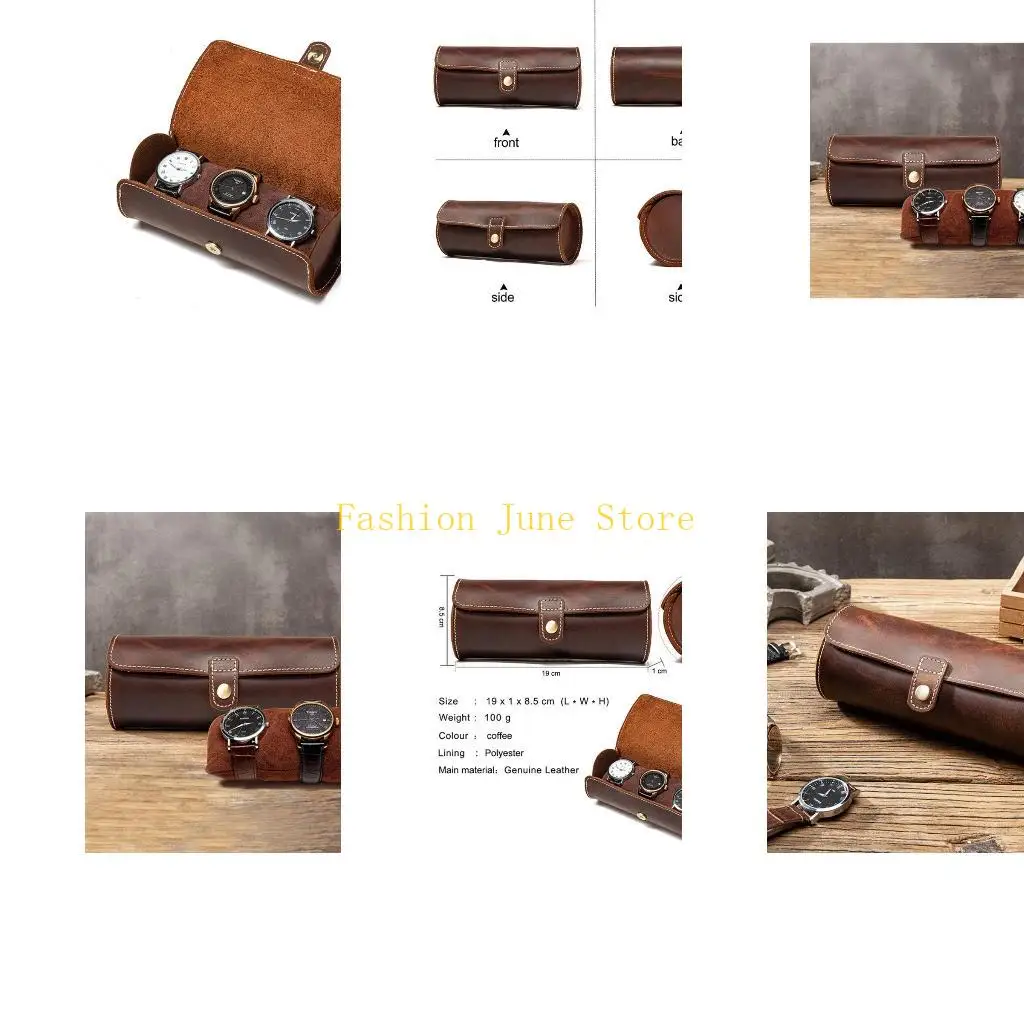 

N5KA Кожаный 3 рулона для хранения часов, винтажный изысканный круглый чехол для хранения аксессуаров