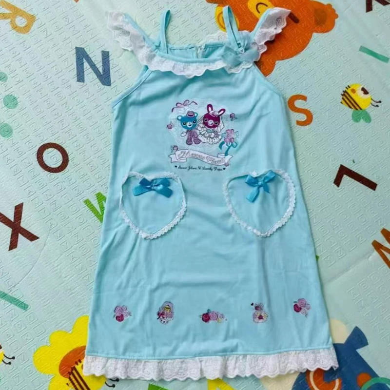 Pijamas con tirantes de estilo Lolita Kawaii para niñas, camisones con lazo de encaje dulce, camisones con estampado de oso de conejo, Mini vestido,