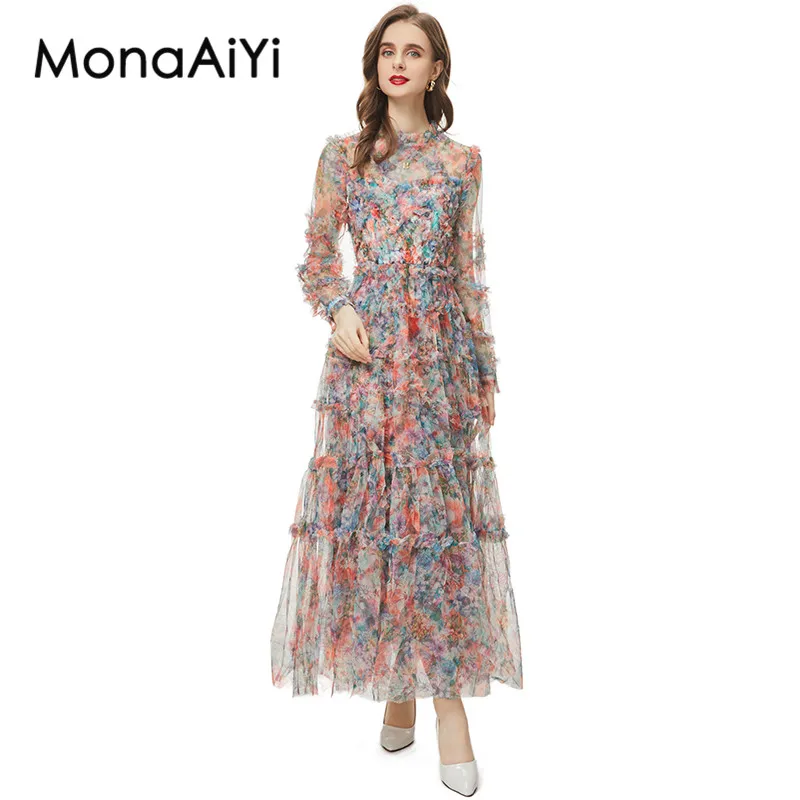 

MonaAiYi New Fashion Runway Designer Women's Spring And Summer Long Sleeved Wooden Ear Edge Printed Brown Sheer Dress