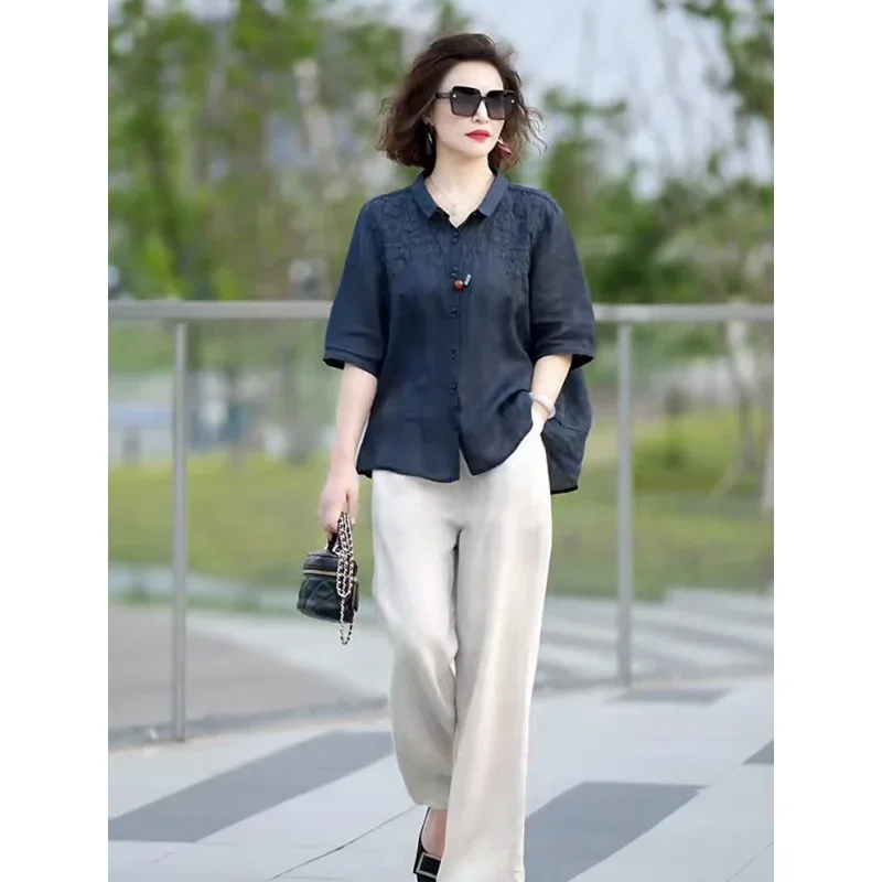 Immagine 4: Camicie floreali ricamate retrò da donna estive Pantaloni a gamba larga solidi Set da due pezzi 2025 Camicetta polo in cotone da donna Pantaloni Abiti