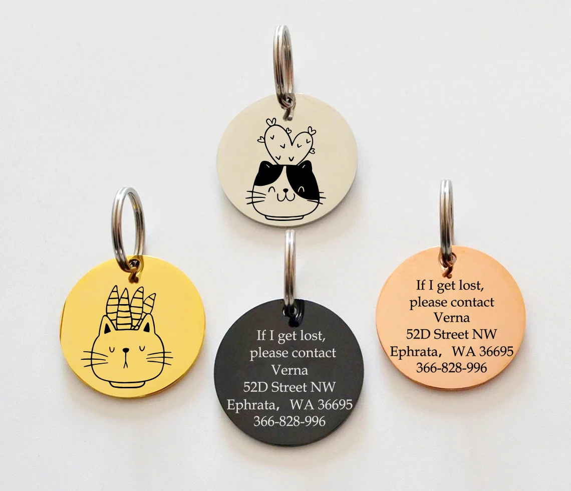 Cat round pet ID tag, customizable name and contact information, engraved collar pendant, anti-lost pet accessory