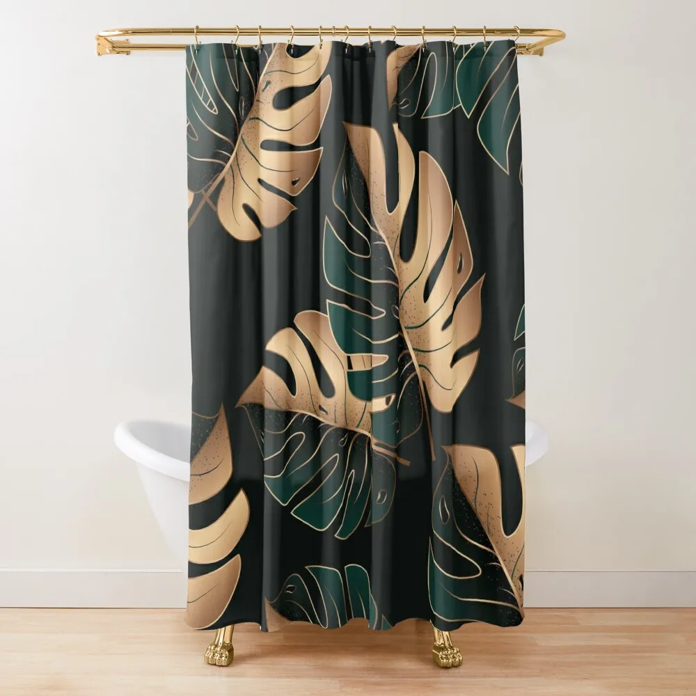 

Monstera Elegant Dark Green and Gold Split Leaves Tropical Pattern Shower Curtain For Bathroom Curtain