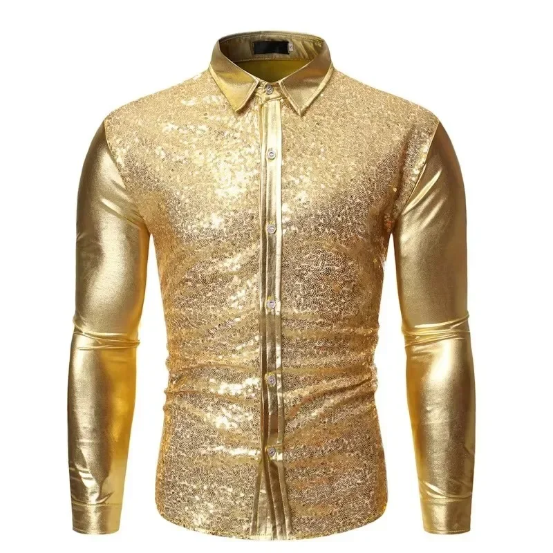 2025 Disco Nightclub Stamping Wave Pattern Gold Men's Shirts ,Multicolor Fashion Cool Sequins Stamping Dance Camisas De Hombre