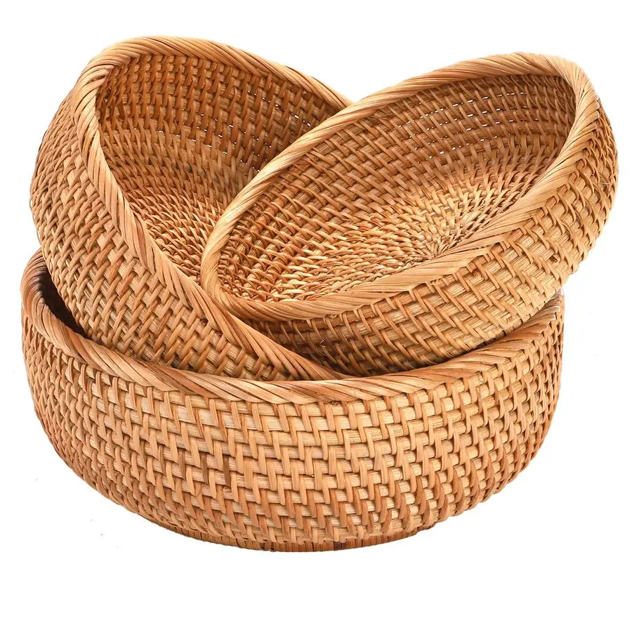 

3 Pack Round Rattan Fruits Bread Baskets, Vintage Handwoven Wicker Fruit Serving Baskets Bowls for Candy, Snack, Keys, Kitchen C