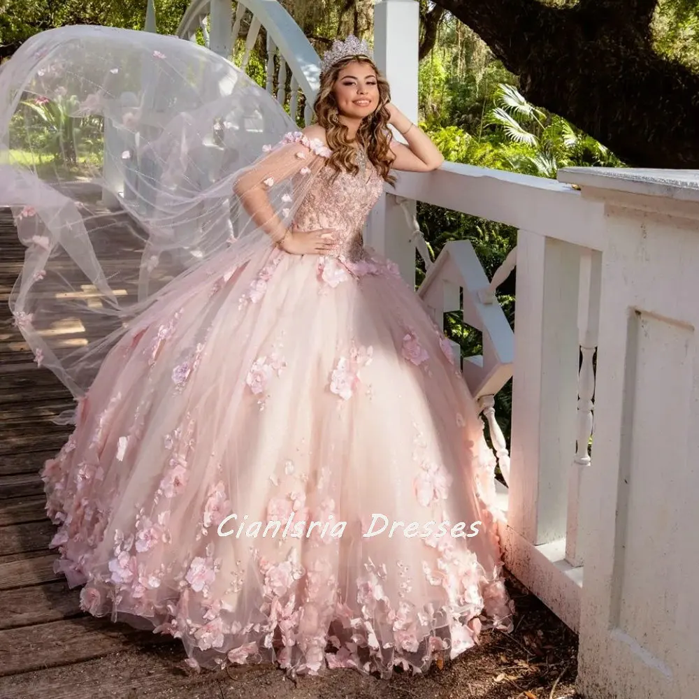 Vestido de quinceañera rosa con flores 3D, vestido de baile con capa, apliques de hombros descubiertos, corsé de encaje con cuentas de cristal, dulce 15 fiesta