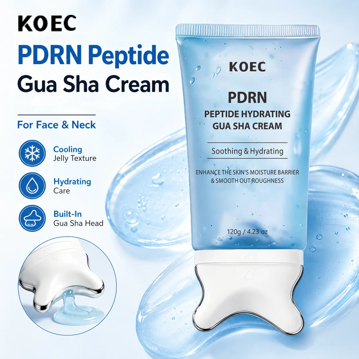 KOEC Gua Sha PDRN Gel Cream, Gua Sha Neck Cream with PDRN, Peptide, Niacinamide & Centella Asiatica | Firming Cream Guasha, Lifting, Soothing & Moisturizing, 4.23oz