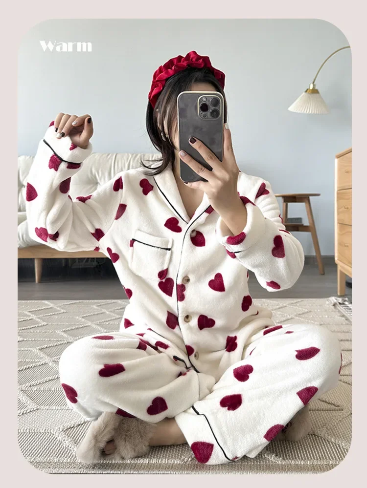 Autumn Winter Thick Pajamas Set for Womens 2 Piece Heart Flannel Soft Homewear Button Down Long Sleeve Loungewear Pjs Sleepwear