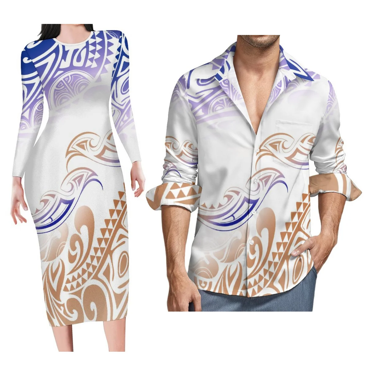 Robe à col rond pour femme, chemise à manches longues pour homme, couple, conforme au design tribal