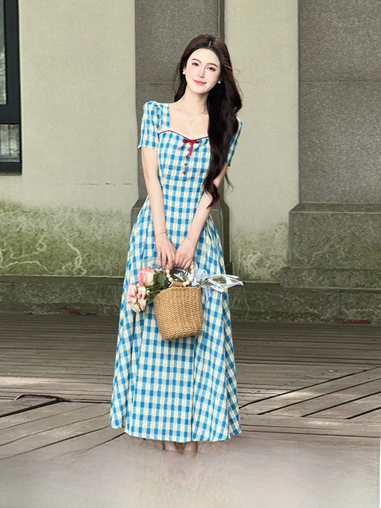

LILI Blue Tone Country Style Maxi Dress New Summer Collection High Waist A-Line Skirt Short Sleeve City Commute Suitable