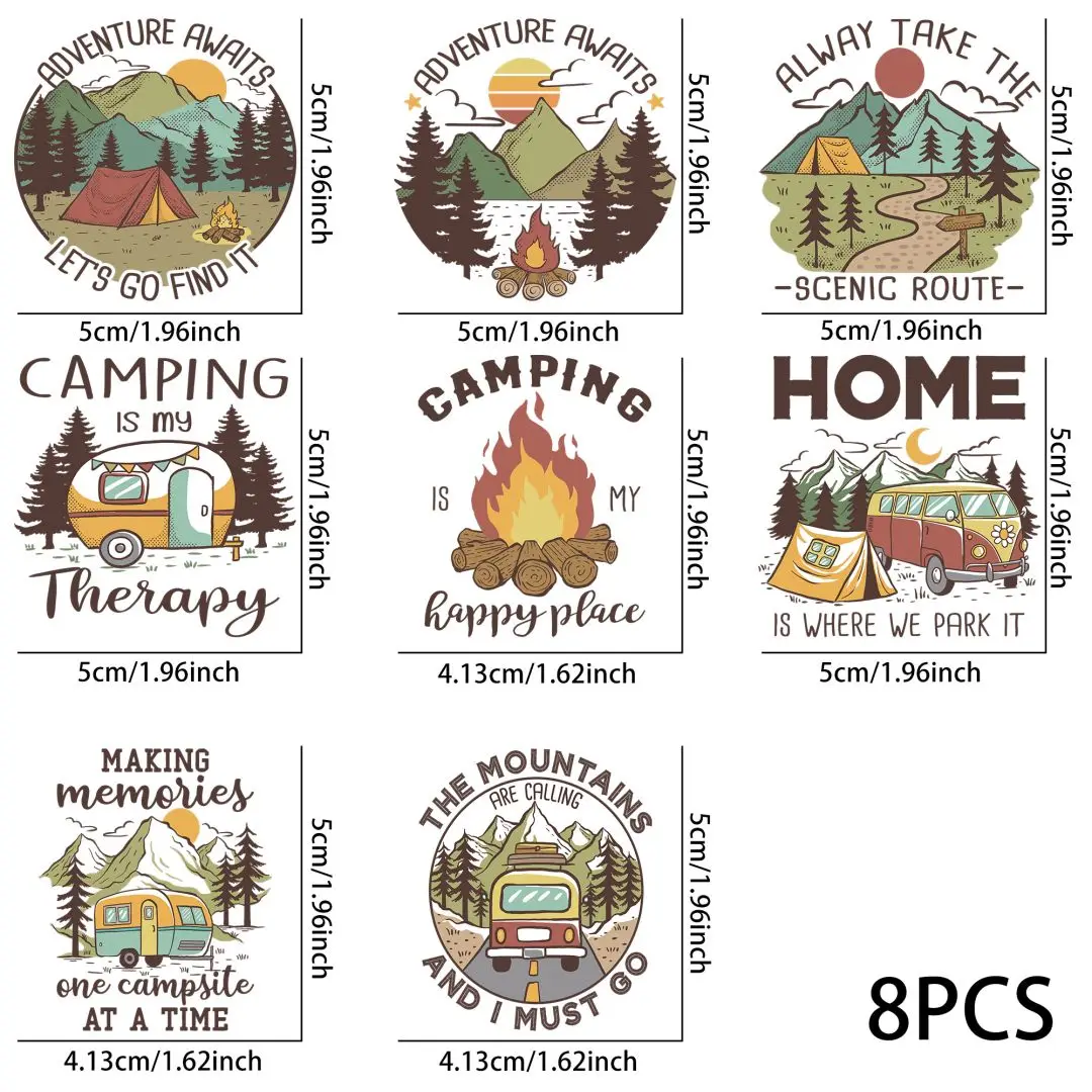 8pcs Camping Life Themed UV DTF Cup Stickers, Waterproof StickerPack For Decorating Mugs, Cups,DlY Art Supplies