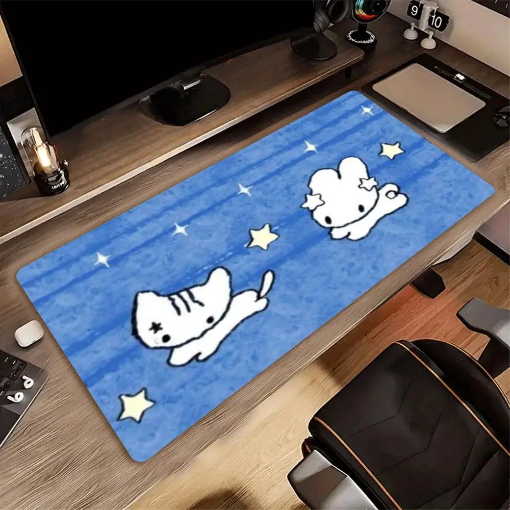Cute Wizard Star Cat XXL Gaming Mouse Pad Non-Slip Rubber Overlocked Deskmat Blue Starry Print PC Keyboard Desktop Table Mats