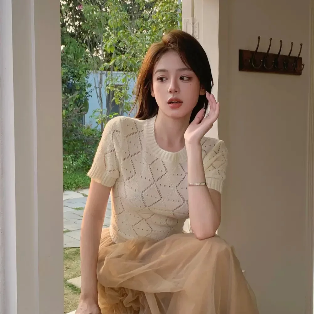 

2025 однотонные топы из ледяного шелка, женские вязаные топы с круглым воротником, летние повседневные простые футболки с короткими рукавами, повседневные универсальные топы D850