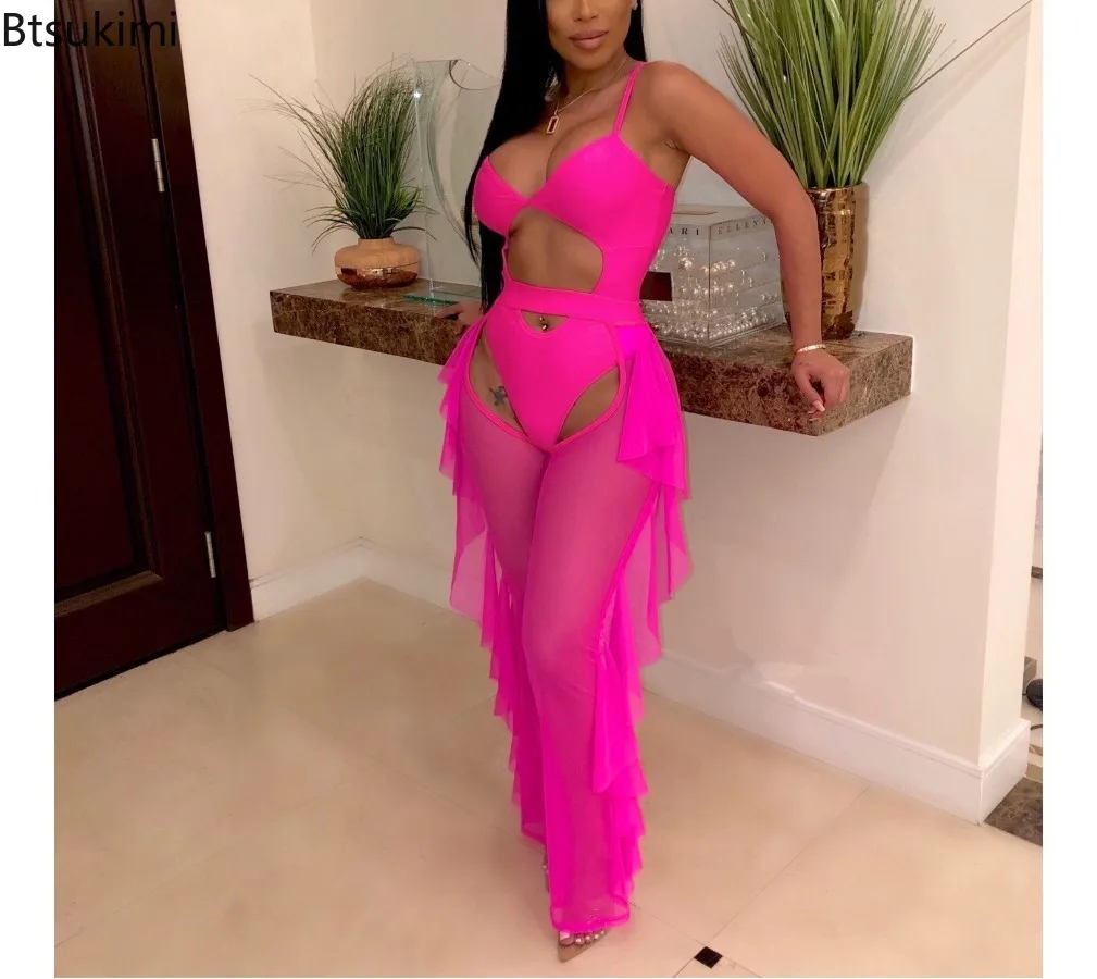 

Sexy 2 Piece Sets Swimwear Women Sheer Mesh Bodysuit Top Ruffles Pants Set Swimwear Vacation Party Club Wear Two Piece Outfits