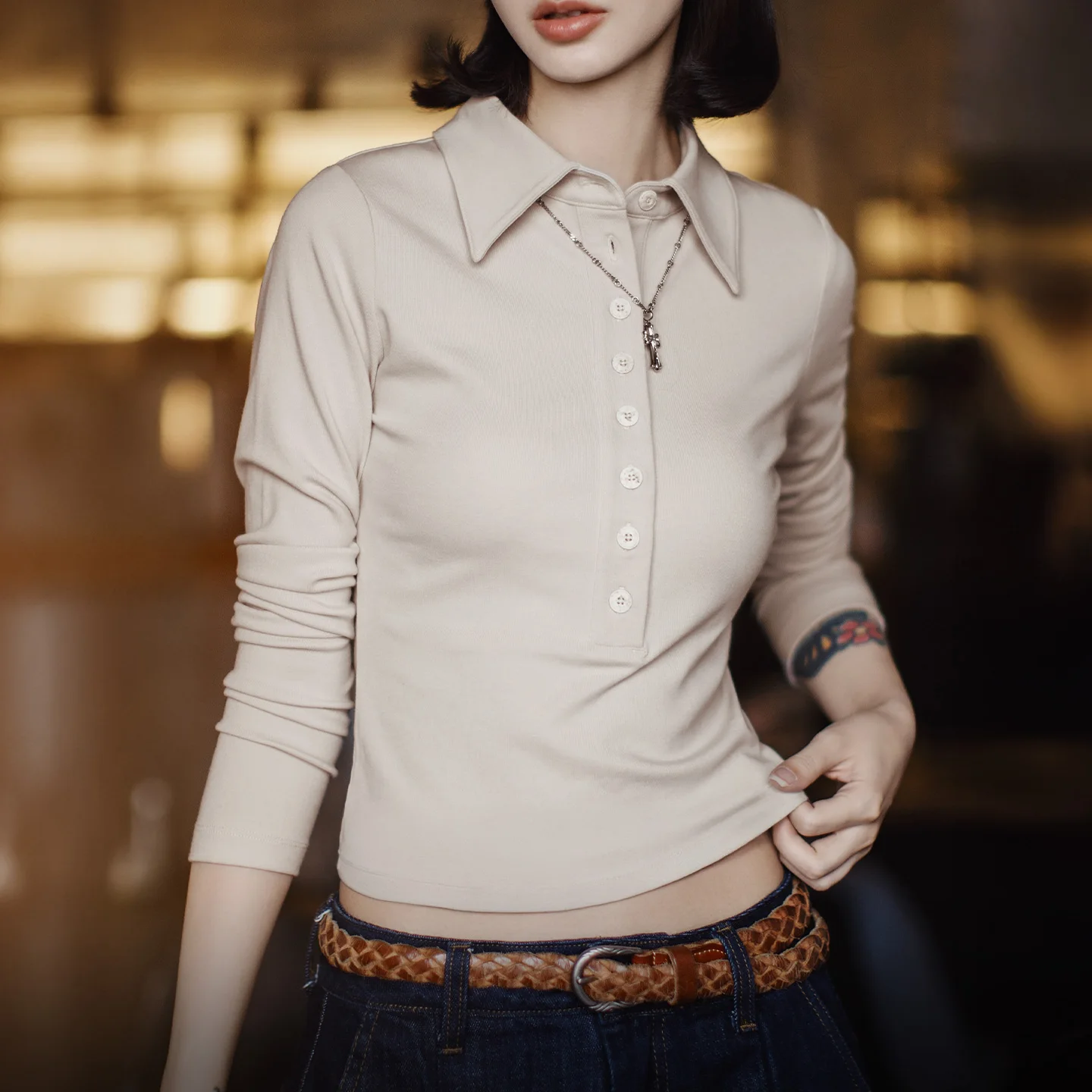 

Maden Женская футболка с воротником поло и длинным рукавом, облегающая укороченная теплая базовая модель с полузастежкой, вязаная рубашка для осени и зимы