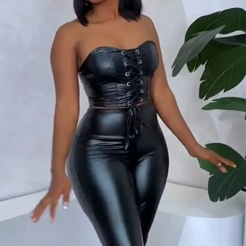 Two Piece Set Woman PU Leather Sexy Strap Tight Strapless Top High Waist Tight Fitting Small Foot Leather Pants Suit Summer 2024