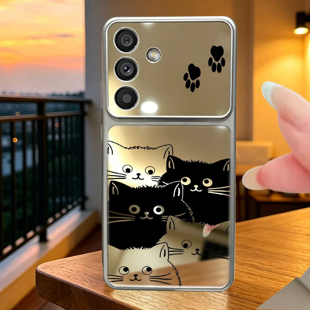 Luxury Mirror Phone Case For Samsung Galaxy A53 A54 A55 A56 A57 A73 F17 F36 F56 M17 M36 M56 4G 5G Soft Cover Cute Cat Pattern