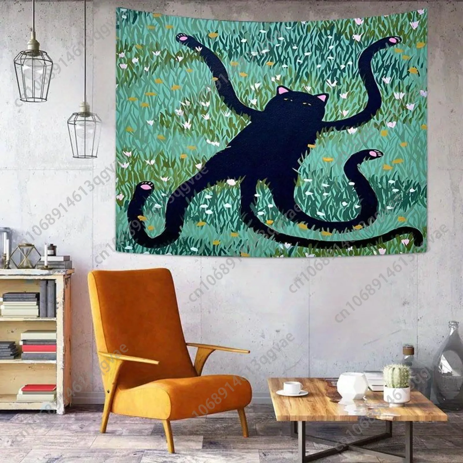 لطيف أنيمي القط الأسود نسيج ديكور الغرفة الجدار الشنق البوليستر السحرية الأخضر العشب نسيج لغرفة المعيشة الديكور المخصص