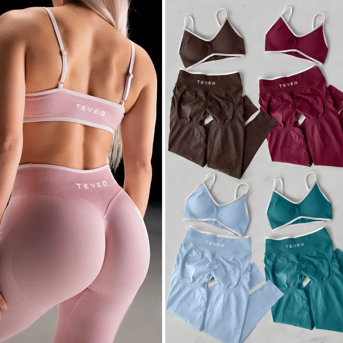 TEVEO 2 Pièces Ensemble De Sport Femme Leggings Vêtements D'Entraînement Ensemble De Soutien-gorge Sans Couture Scrunch Legging