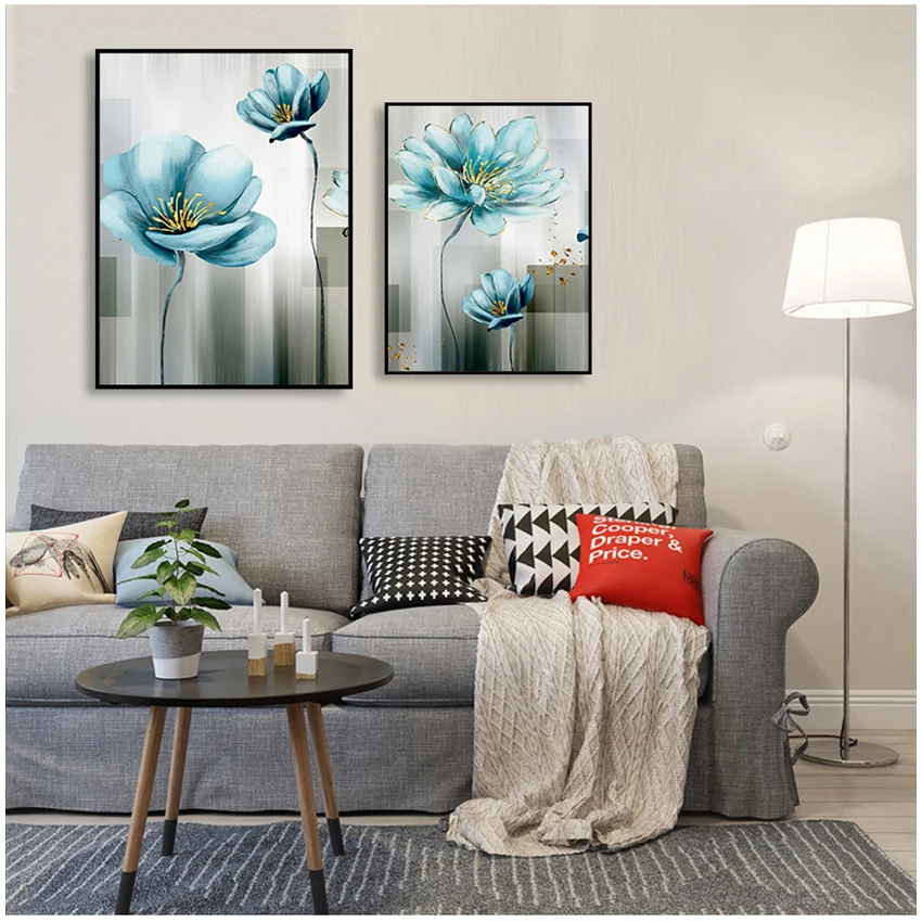 for Living Room Gold Print Cuadros Salon Decoracio Abstract Blue Flower Canvas Painting Modern baby blue Wall Art Picture