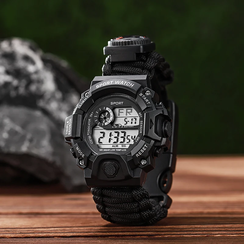 

Часы для выживания на открытом воздухе, аварийные часы с ночным видением, 50 м, водонепроницаемый нож из паракорда, компас, термометр, свистки, аптечки, хит продаж