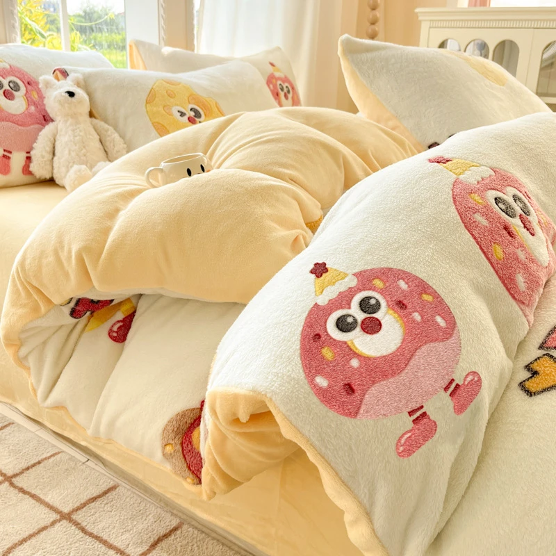 Sweet Heart Cartoon Flannel Bedding Set Thick Milk Velvet Duvet Cover Bed Sheet Pillowcase Warm Plush Bed Linens Girl Bedroom