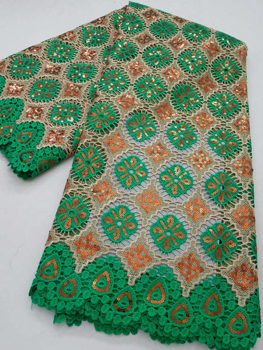 

High Quality African Guipure Cord Lace, Green Embroidered Sequined Lace Fabric, Nigerian Lace for Party & Wedding Dress