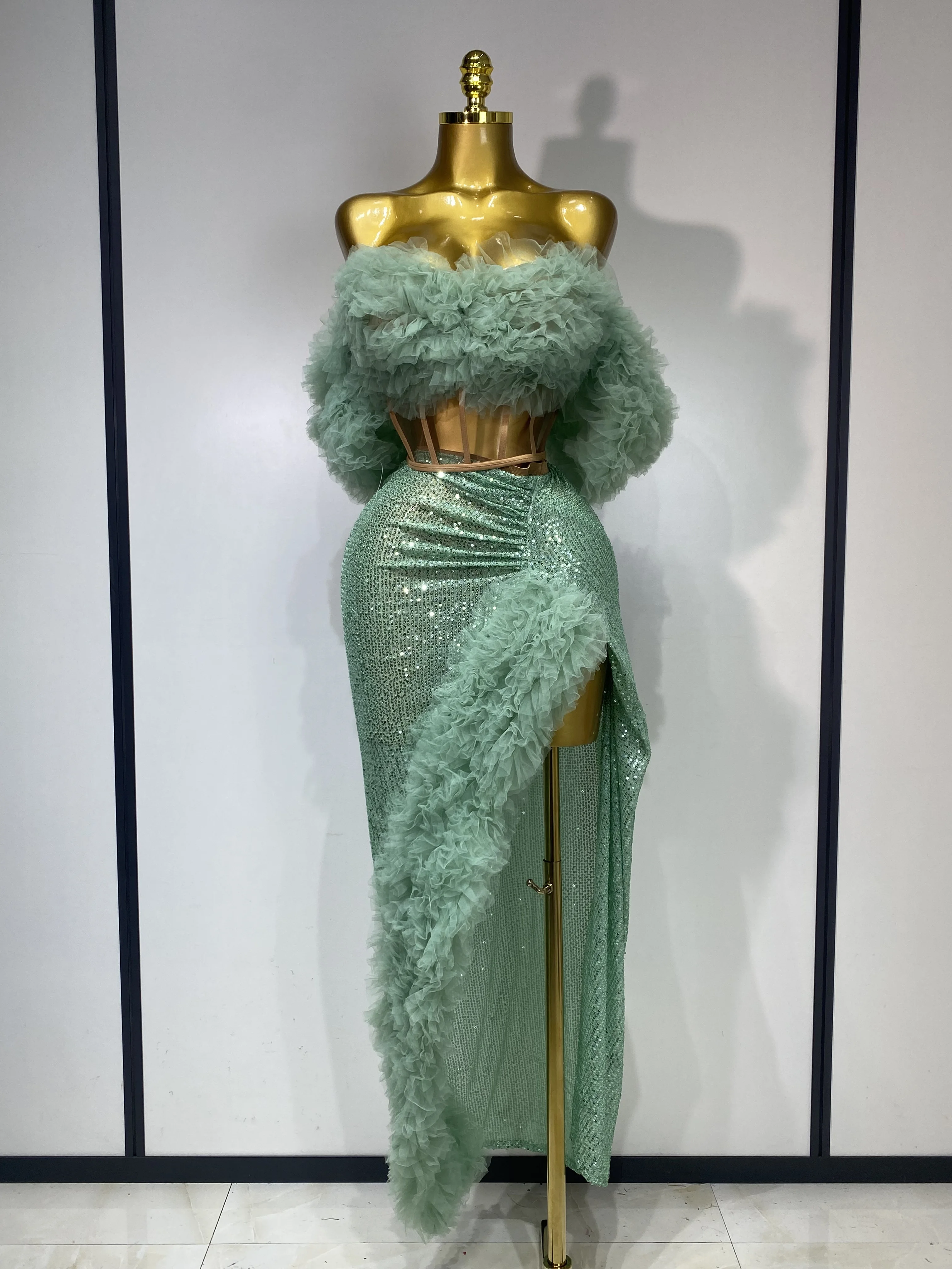 المرأة مثير سباركلي الترتر الأعلى تنورة طويلة قطعتين مجموعة مهرجان احتفال مساء حفلة فاخرة عيد ميلاد ملهى ليلي المرحلة الزي #1