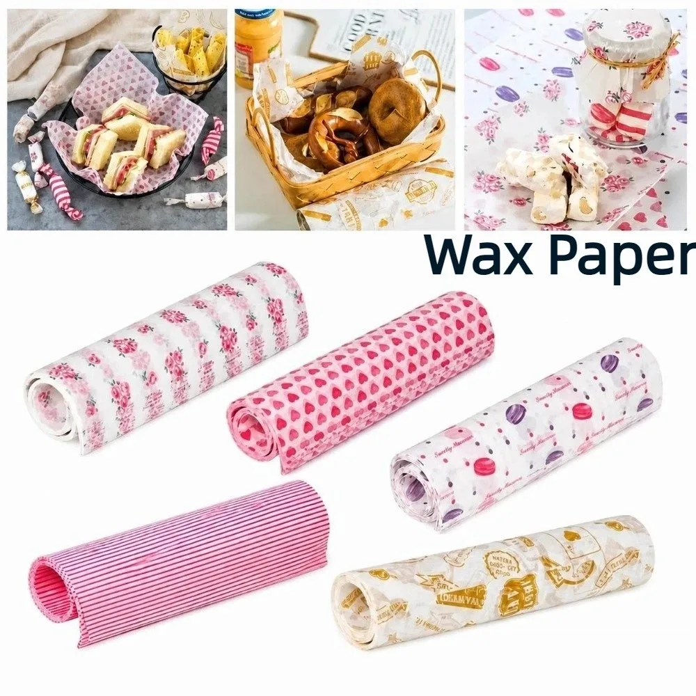 50Pcs Disposable Wax Paper Rose/Heart/Macaron Print Anti-stick Food Wrapping Paper Water Proof Striped Pattern