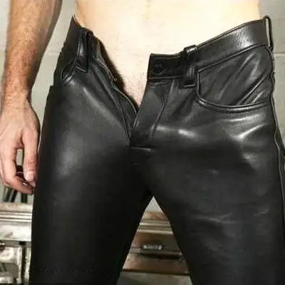 

Elastic Casual Men's Leather Pants Straight Leg Faion Urban Sle Long Trousers Pure Color Casual Scenarios No Brand