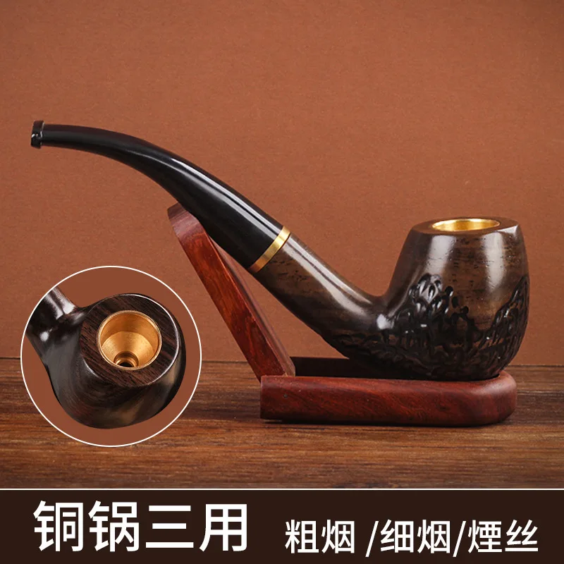 

Ebony Wood Smoking Pipe Traditional Men's Old-fashioned Handmade Solid Wood Dry Tobacco Bag Brass Thick and Thin Tobacco Three-u