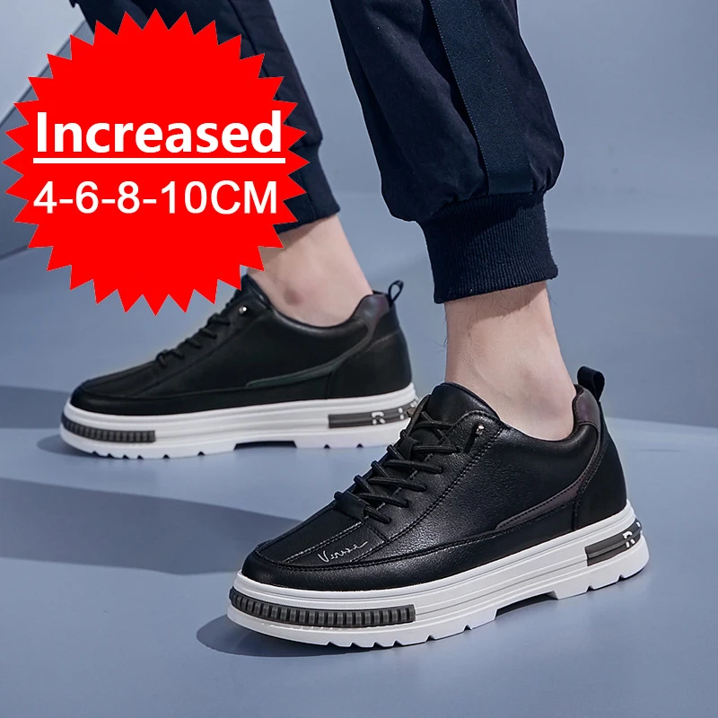 Fashion Men's Casual Sneakers 8CM 6CM Elevator Shoes White Sports Board Invisible Height Increase Shoes Black Leather Men Shoes