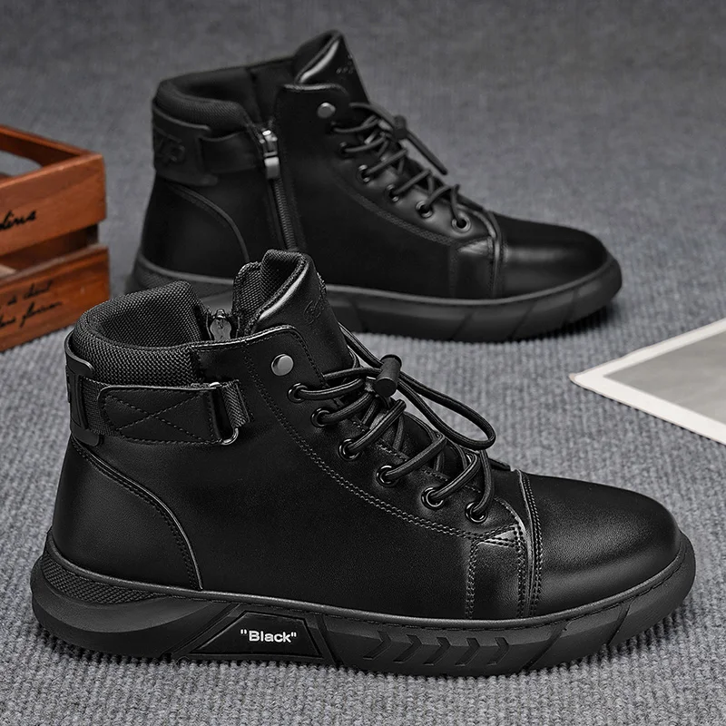 High-top sports and casual shoes, featuring a PU upper, rubber outsole, and elastic strap closure, suitable for all seasons