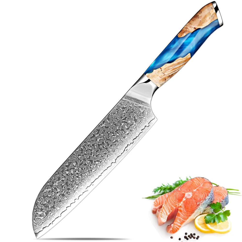 

Professional Kitchen Knife 7 Inch Santoku Knife Damascus Steel Sharp Japanese Slicing Knife Blue Resin Stabilized Wood Handle