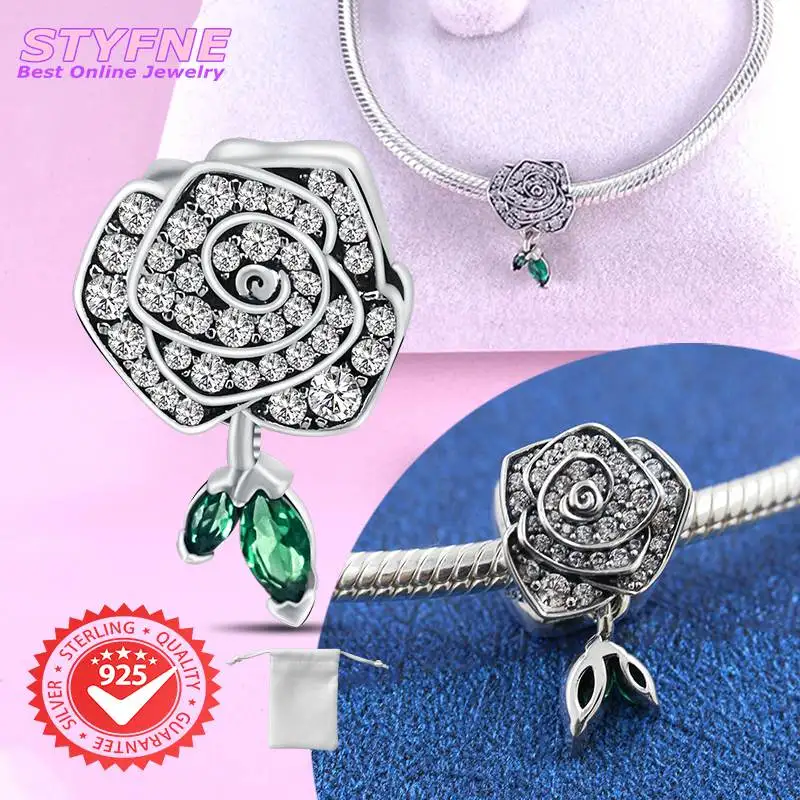 Perles de feuilles vertes en argent regardé 925 pour femme, breloques en fleurs, bracelet Pandora original, cadeau de bijoux élégant