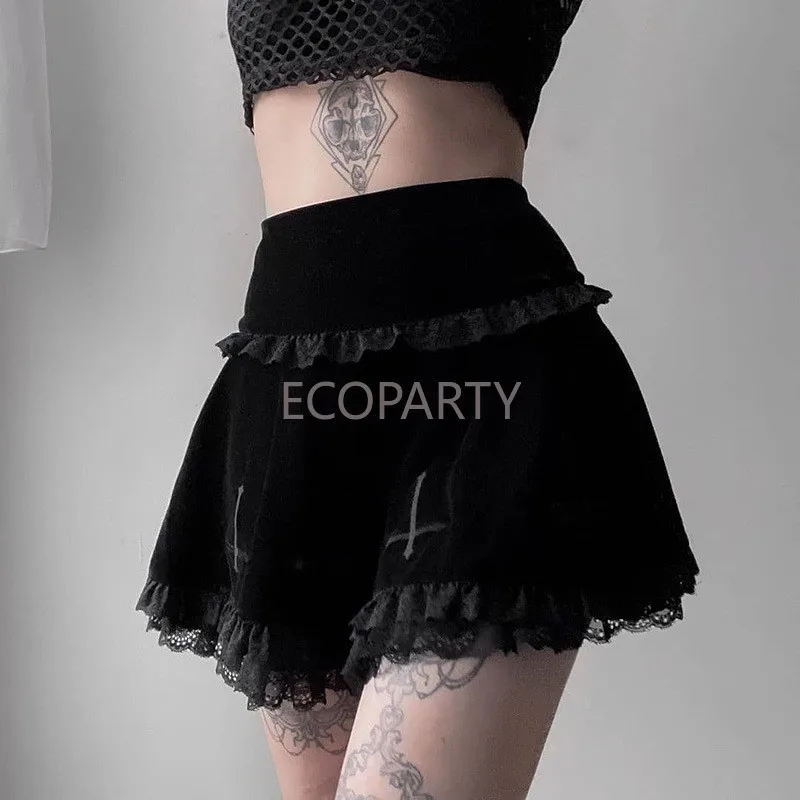 

Goth Dark Mall Gothic Aesthetic Velvet Pleated Mini Skirts Women Vintage Harajuku Emo Alt Clothes High Waist Lace Ruffles Skirt